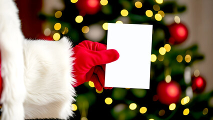 Vector illustration of a red Christmas gift box with a bow and greeting cards featuring Santa Claus in a hat near a holiday tree for a winter Xmas celebration