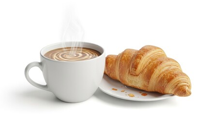 Morning indulgence: A steaming cup of latte art paired with a golden flaky croissant