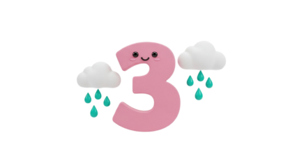3D Cute Number 3 with Rain Clouds on transparent background