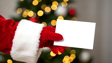 A Santa Claus holding a blank red paper greeting card while wearing a Santa Claus hat for a winter Christmas holiday celebration banner