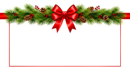 Merry Christmas greeting card design featuring a festive red ribbon bow with gold ornaments and pine branches for a happy holiday celebration vector illustration