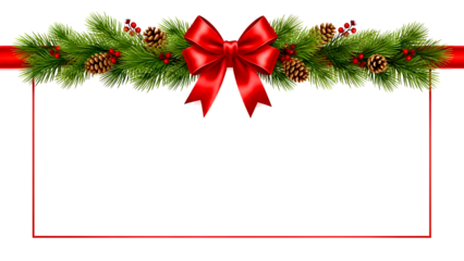 Merry Christmas greeting card design featuring a festive red ribbon bow with gold ornaments and pine branches for a happy holiday celebration vector illustration