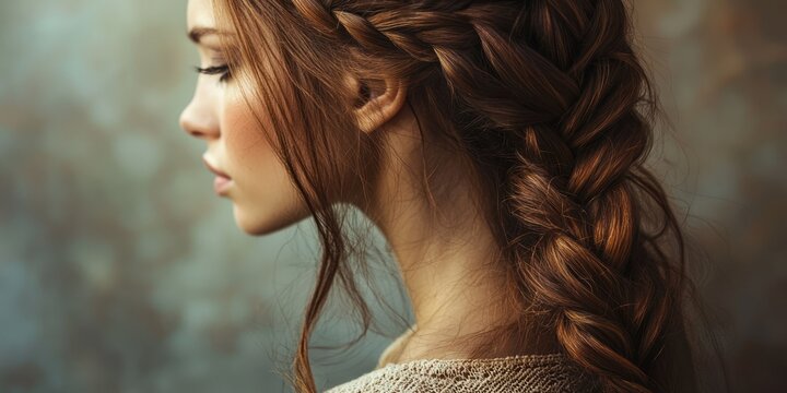 A woman with long, wavy, reddish-brown hair styled into a side braid, wearing a beige sweater, standing against a textured, neutral-colored background.