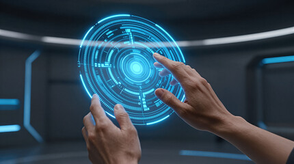 Person touching futuristic holographic interface with glowing rings