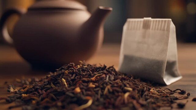 A close-up cinematic video of loose leaf tea scattered beside a tea bag, with a traditional