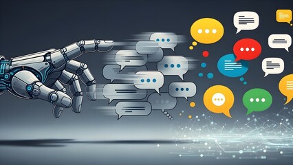 AI Robot Hand Interacting with Digital Chat Bubbles and Communication Icons.