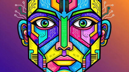 Obraz premium Vibrant futuristic digital art depicts a stylized humanoid face constructed from bright geometric shapes and intricate circuitry patterns suggesting artificial intelligence awareness