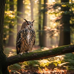 Majestic owl perched serenely on a mossy branch in sun-drenched woodland habitat