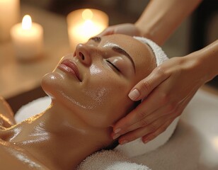 Woman receiving a pampering facial massage in a calm, candlelit spa setting