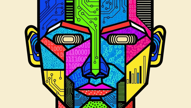 Vibrant geometric abstract portrait visually representing complex artificial intelligence concepts through digital patterns and circuit board aesthetics