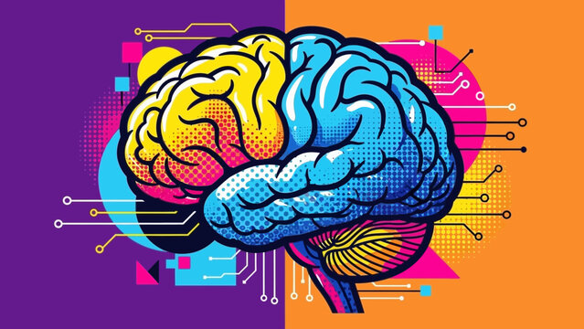 Vibrant pop art illustration of a stylized human brain split between contrasting colors symbolizing logic and creativity connected by digital circuits and technology elements