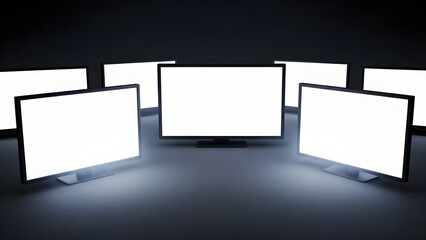 Multiple blank computer monitors in a dark room.