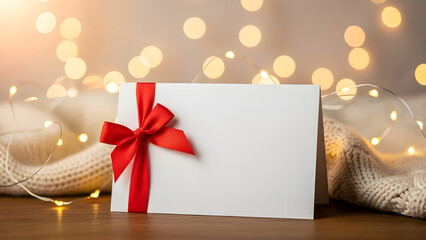 A festive Christmas greeting card features a glowing red candle decorated with a gold ribbon bow and holiday gift box on a blank paper frame for a happy celebration