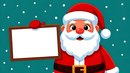 Happy cartoon Santa Claus character in a red hat holding a blank sign for a merry Christmas winter celebration vector illustration with holiday gifts and snow