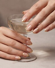 Elegant Hands with Gold Foil Manicure Holding a Sparkling Drink for Celebration