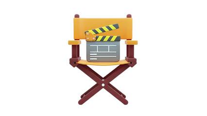 3D Director's chair with clapperboard on transparent background