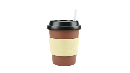 3D Disposable coffee cup with straw and sleeve on transparent background