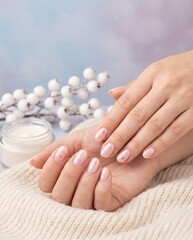 Close-up of elegant female hands with a delicate manicure and moisturizing cream