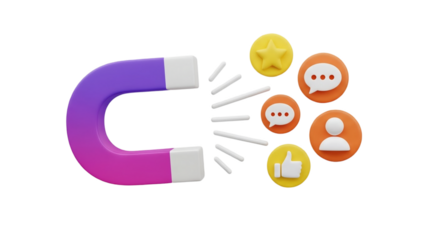 3D Magnet attracting social media icons on transparent background