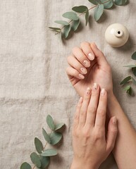Elegant Manicure on Woman's Hands with Eucalyptus Leaves on Linen Fabric