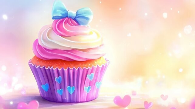 Watercolor cupcake with purple frosting and coquette bow, sweet dessert clipart isolated on white background, featuring purple wrapper with heart pattern, soft pastel tones, charming decorative style