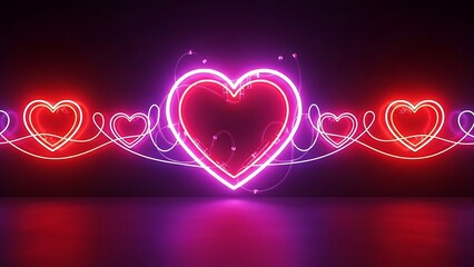 Glowing neon heart lights in dark space