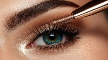 A woman's eye with long, dark eyelashes, a brown eyebrow, and a gold eyeliner pencil being applied to the upper lid.