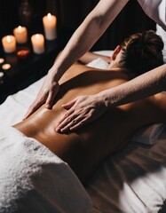 Serene spa experience: Woman receiving a calming back massage by candlelight