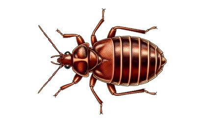 Detailed illustration of a common bed bug, a small parasitic insect known for feeding on human blood, often found in mattresses and furniture, posing a public health concern