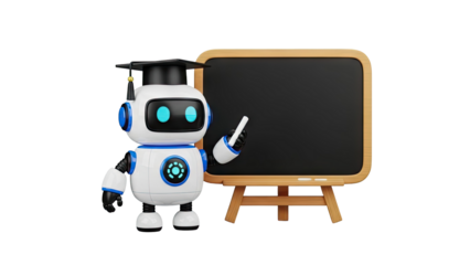 3D Robot wearing graduation cap holding chalk by a blackboard on transparent background
