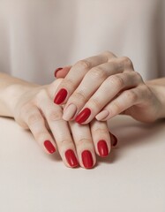 Close-up of female hands with stylish red and nude manicure on a light background