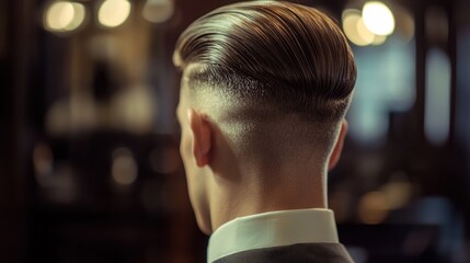 A man with a stylish haircut, wearing a suit, standing in a dimly lit barbershop with a vintage ambiance.
