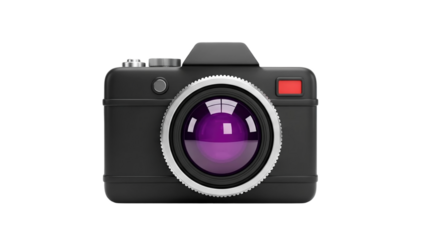 3D Modern black camera with purple lens isolated on white on transparent background