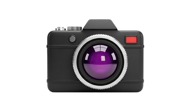 3D Modern black camera with purple lens isolated on white on transparent background