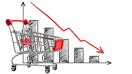 Conceptual illustration of a shopping cart placed on a hand-drawn declining bar graph, symbolizing economic recession, decreased consumer spending, and a challenging business environment