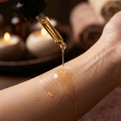 Close-up of golden oil dripping from a dropper onto a person's arm in a relaxing spa setting