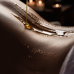 Close-up of massage oil gently poured onto a person's back in a tranquil spa setting
