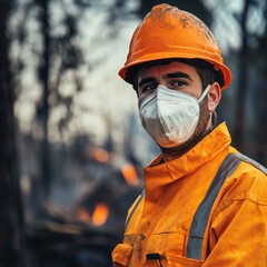 A man in an orange hard hat and protective face mask stands in front of a forest fire, with a backdrop of charred trees and smoke.