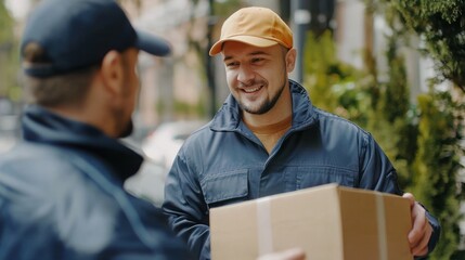 Two delivery men in blue uniforms, one holding a cardboard box, standing on a sidewalk with a building in the background.