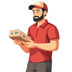 A delivery man in a red uniform holding a cardboard box with a barcode and a tag, standing in front of a white background with a clear sky.