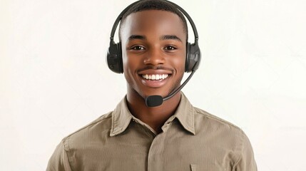 A young man wearing a headset, smiling, with a white background.