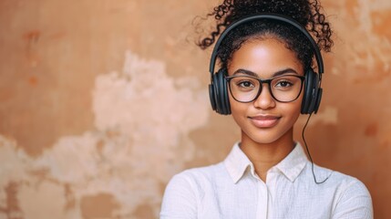 A young woman with curly hair, wearing glasses and headphones, standing in front of a textured wall with a warm, orange hue.
