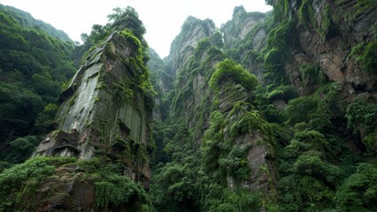 Lush green vegetation covering steep weathered cliffs in a misty mountain canyon