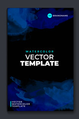 Bright blue vector colorful watercolor on vertical black A4 background for booklet or brochure