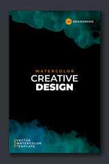 Bright cyan vector colorful watercolor on vertical black A4 background for booklet or brochure