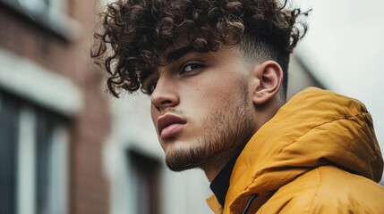 A young man with curly hair wearing a yellow jacket, standing in front of a brick building with a yellow umbrella.
