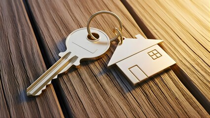 Close-up of a golden house key with a house-shaped keychain resting on a wooden table, symbolizing home ownership or real estate