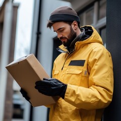A man in a yellow jacket and black beanie, holding a cardboard box, standing outside a building with a window in the background.