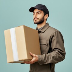 A man in a brown uniform holding a cardboard box against a blue background.