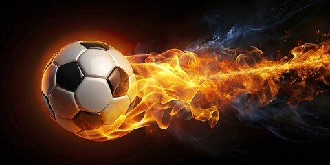 Fototapeta premium Fiery Soccer Ball in Motion A Dramatic Composition of a Blazing Sphere Trailing Flames and Smoke